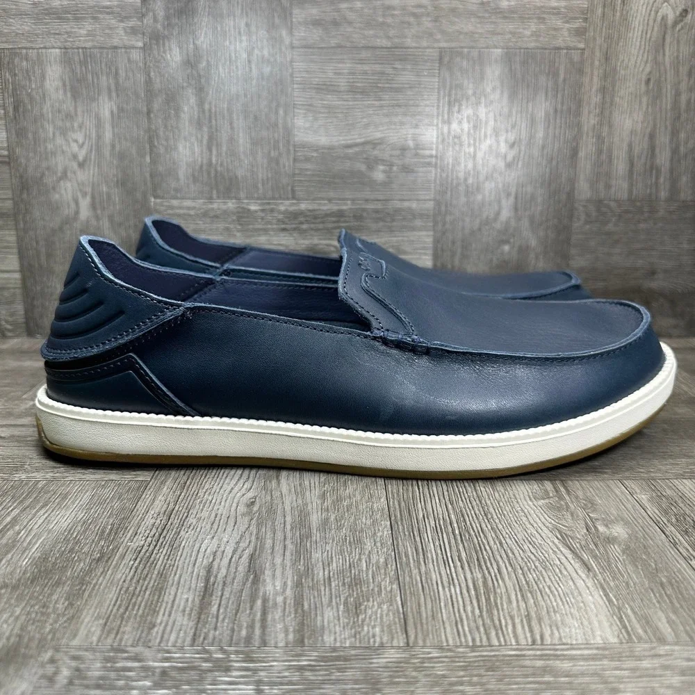 OluKai Kakaha Nia Mens 10.5 Navy Blue Leather Slip On Loafers NEW